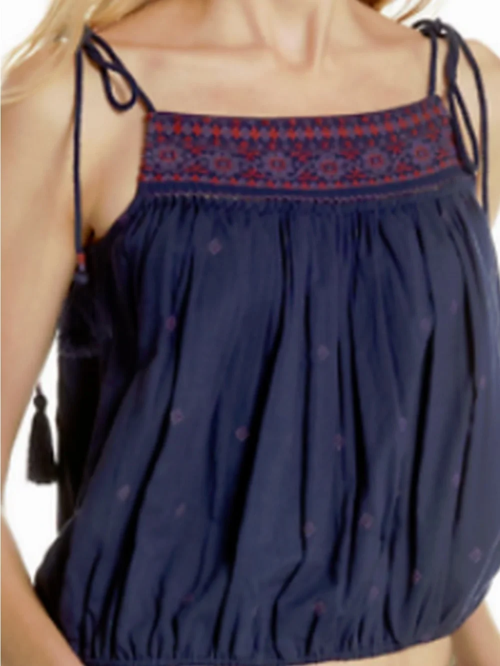 Free People Navy Embroidered Tie-Shoulder Tank